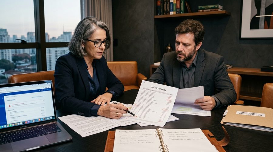 Advogados analisando documentação de fraudes bancárias e direito do consumidor